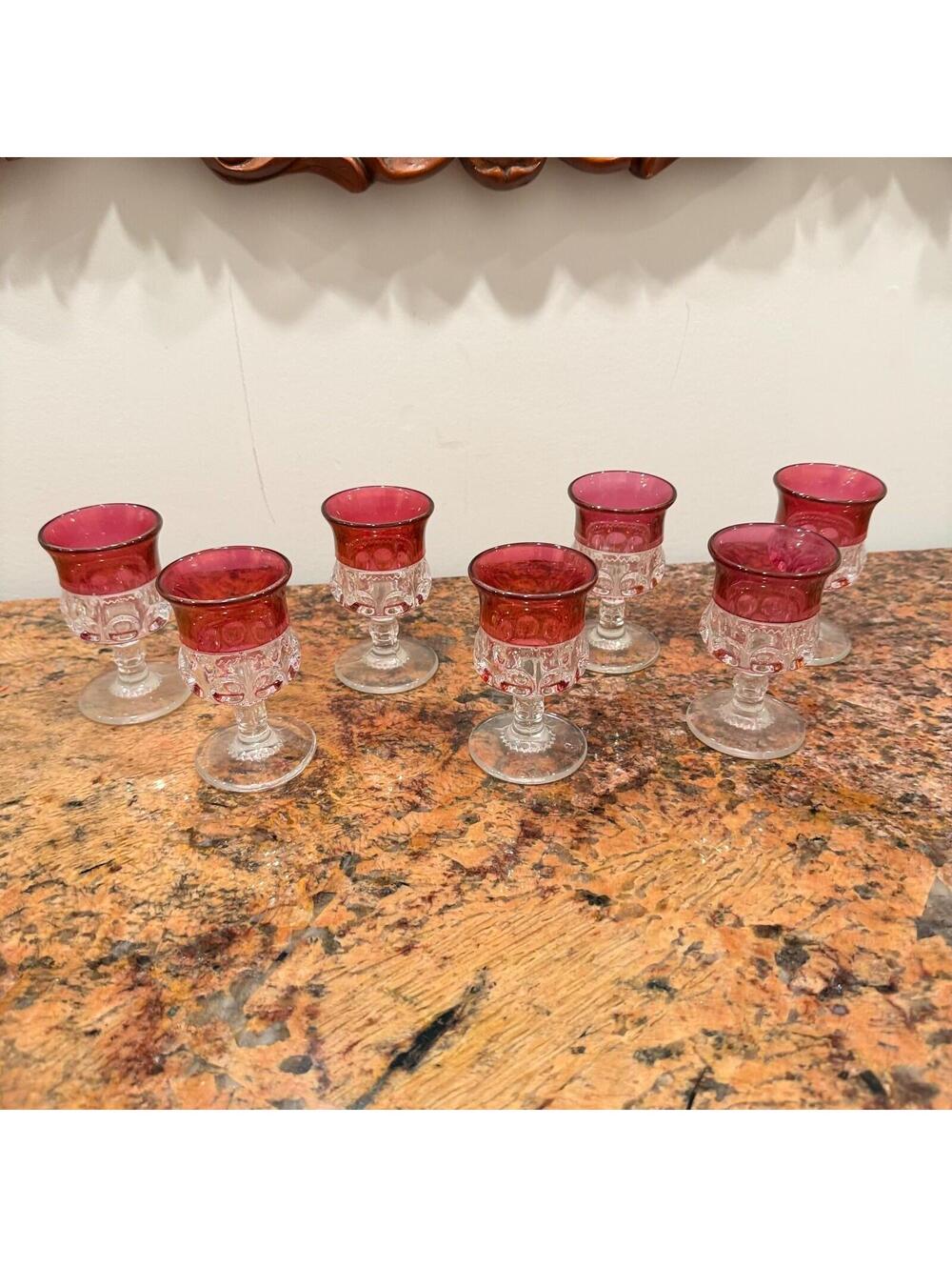Vintage 4" Indiana Glass Company "King's Crown" Cordial Set of 7 Small Glasses